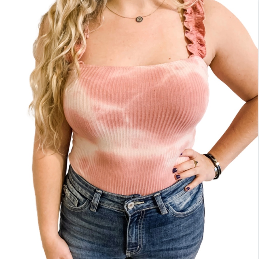Pink Tie Dye Ruffle Strap Bodysuit